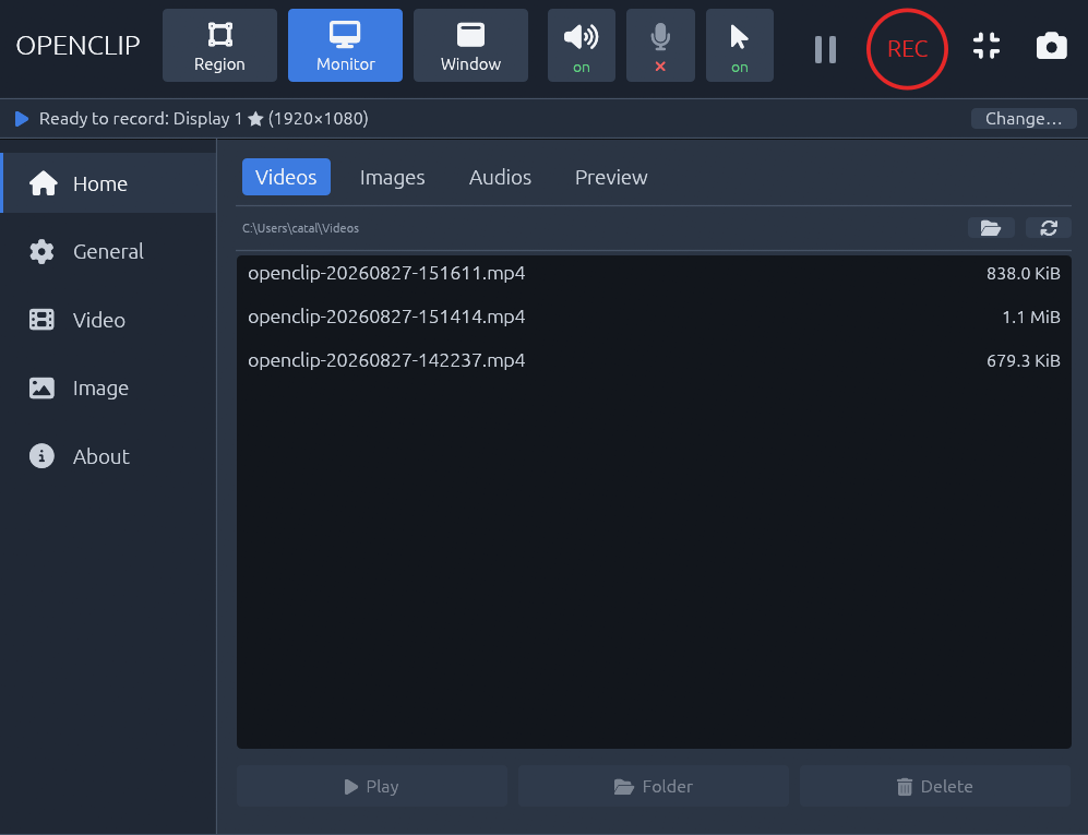 openclip Home page: the media library listing three recorded MP4 files with Play, Folder and Delete actions.