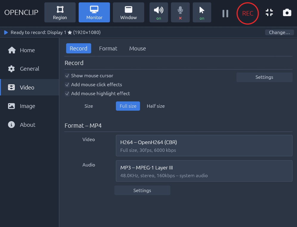 openclip Video page, Record tab: cursor and click-effect checkboxes, Full size / Half size toggle, and the H264 OpenH264 CBR and MP3 format summary.