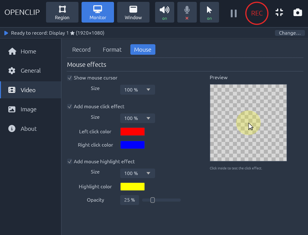 openclip Video page, Mouse tab: cursor size, left and right click colours, highlight colour and opacity, with a live preview of the highlight circle.